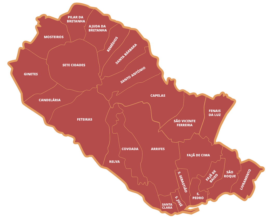 Mapa do Concelho de Ponta Delgada com indica&ccedil;&atilde;o das Freguesias (mais informa&ccedil;&atilde;o abaixo)